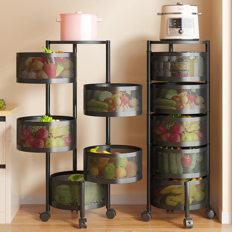 圆形旋转置物架厨房收纳架落地多层整理架带轮子可移动果蔬零食架