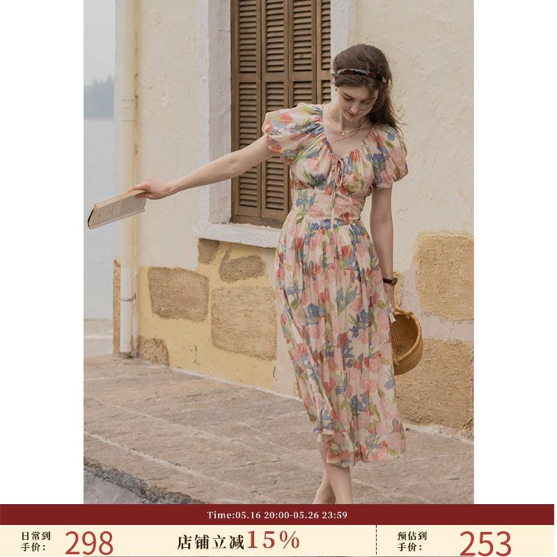 Dailyart 法式气质连衣裙女秋季显瘦海边度假风油画裙子碎花长裙