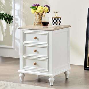 小美式全实木床头柜45cm白色奶油风主卧室家用三抽屉床头储物柜