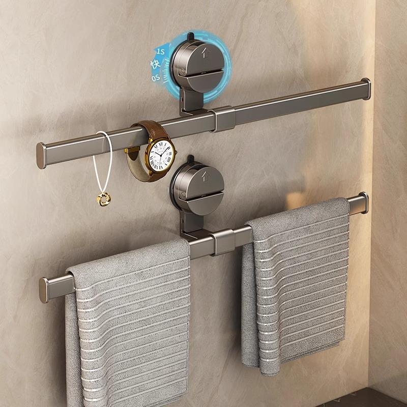 卫生间吸盘毛巾架浴室免打孔壁挂式毛巾收纳挂杆太空铝浴巾杆单杆