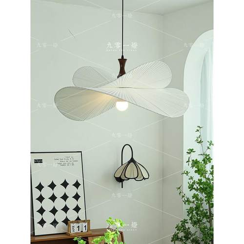 法式中古布艺草帽吊灯奶油风卧室书房餐厅民宿实木南洋风薯片灯具