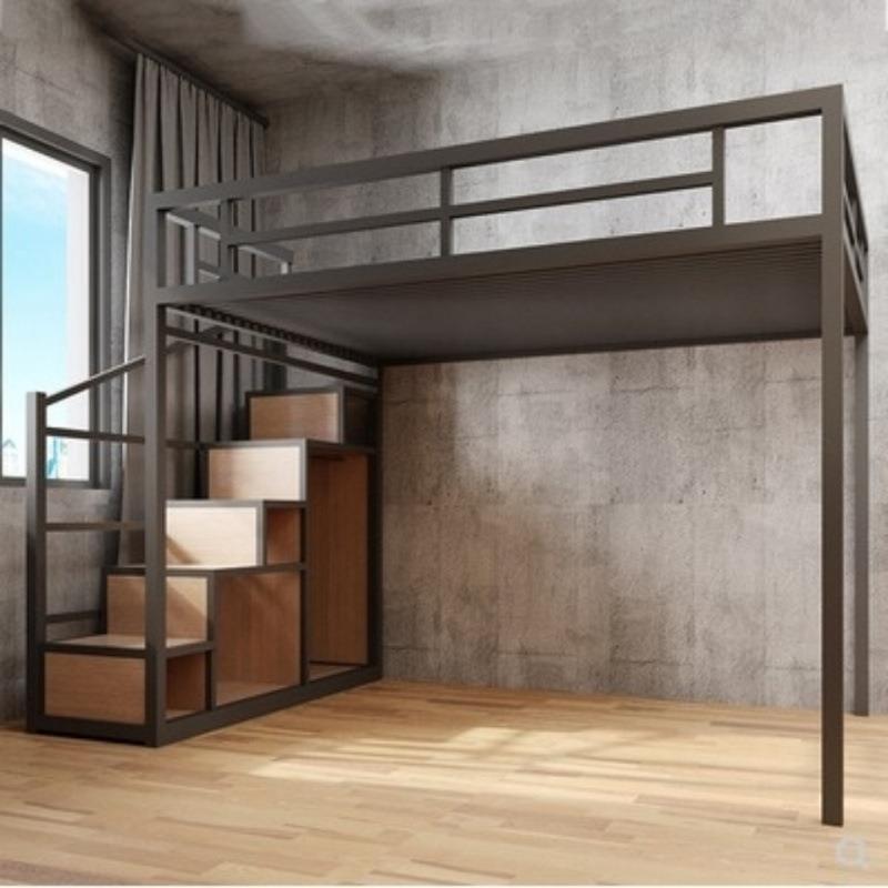 JGP1铁艺单身公寓小户型阁楼阁式床简约省空间多功能高架床实木梯