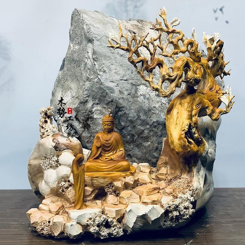 热销太行崖柏根抱石山水禅意根雕关公观音乌木雕释迦摩尼佛像玄关