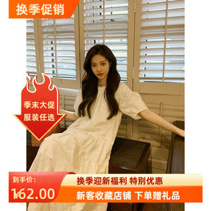 重工刺绣蕾丝连衣裙女夏泡泡袖宽松显瘦大裙摆白色长裙子
