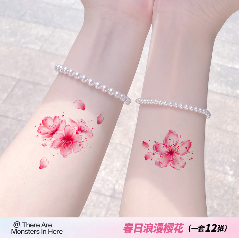 GUAISOO樱花纹身贴国风 防水女持久脸贴手腕锁骨彩色桃花遮疤痕贴