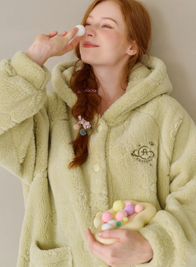 芬腾珊瑚绒女士睡袍秋冬新款奶芙绒浴袍连帽睡衣裙加厚保暖家居服