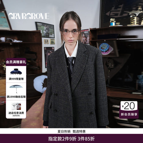GRVR GROVE官方旗舰店格纹西装外套韩系宽松廓形 GCW5JK01
