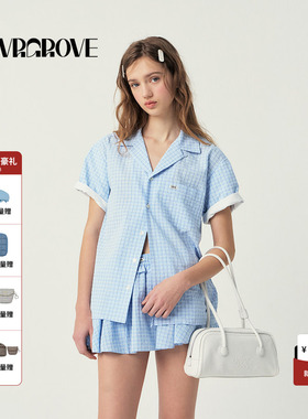 GROVE官方旗舰店2025SS春夏款女士格纹翻领短袖衬衫GS5SH08M