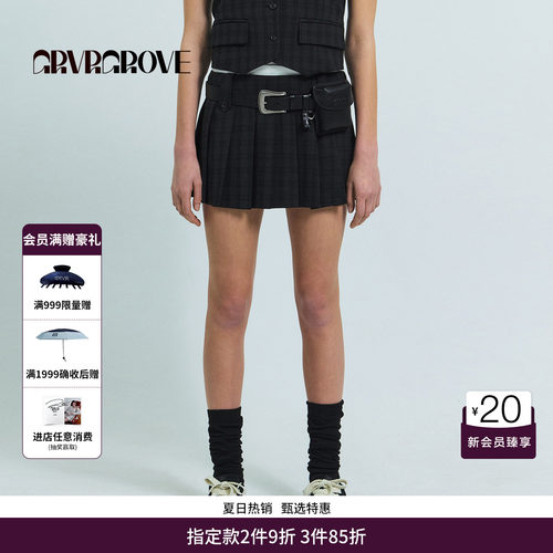GRVR GROVE官方旗舰店26SS春夏双袢百褶格纹短裙韩系女GS26SKC04