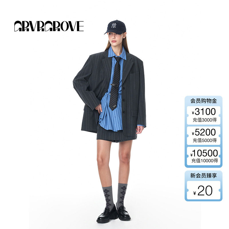 GROVE官方旗舰店女秋季新款宽松竖格纹口袋复古西装外套通勤百搭