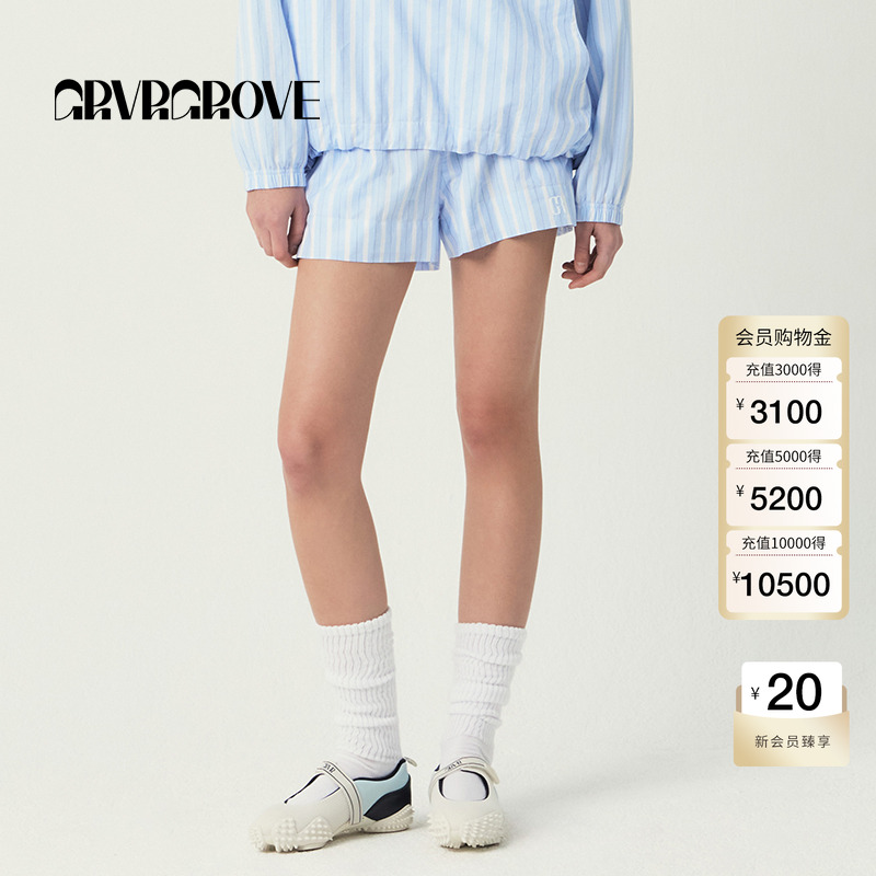 GROVE官方旗舰店2025SS春夏新款女士竖条纹梭织短裤宽松GR5PT02C