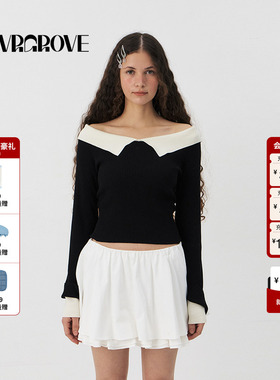 GROVE官方旗舰店2025PS春季新款女大翻领短款针织套头衫GS5KN17C