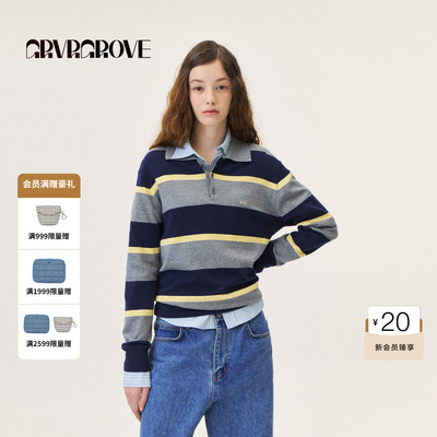 GROVE官方旗舰店2026PS春季新款长袖针织衫韩系撞色翻领GP26KNE09