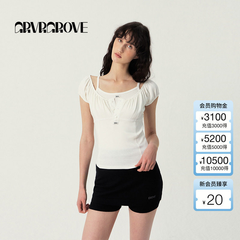 GROVE官方旗舰店2025SS春夏新款女士公主袖短袖t恤 GS5TS09M