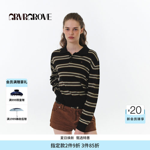 【博主同款】GROVE FW秋季款翻领条纹毛织长袖女款GF5KN07C
