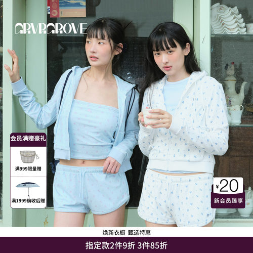 GRVR GROVE官方旗舰店BS系列夏季款女碎花连帽开衫卫衣BM5JP02M