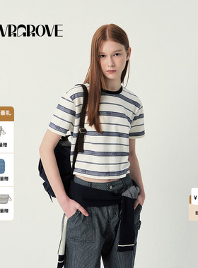 GROVE官方旗舰店SS春夏款女士条纹GRVR圆领短袖t恤GR5TS04C