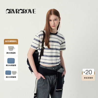 GROVE官方旗舰店2025SS春夏款女士条纹GRVR圆领短袖t恤GR5TS04C