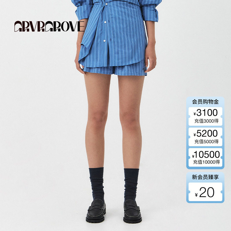 GROVE官方旗舰店2025PS春季新款女士条纹梭织松紧短裤GS5PT11M
