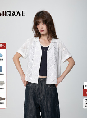 GROVE官方旗舰店2025SS春夏款女士菱形纹短袖衬衫t恤GCM5BL01