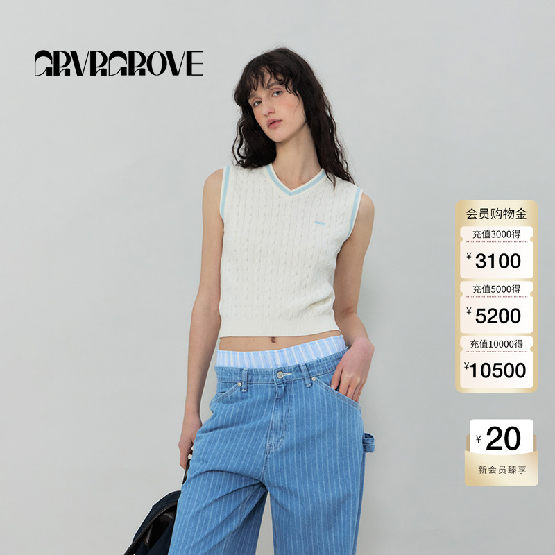 GROVE官方旗舰店2025SS春夏新款女士V领针织衫无袖背心GR5KN03C