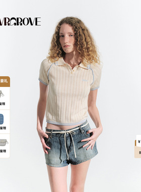 GROVE官方旗舰店2025夏款翻领针织短袖撞色镂空上衣女 GM5KN03M