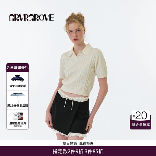GRVR GROVE官方旗舰店 FW秋季款翻领短袖针织衫女款 GF5KN03C