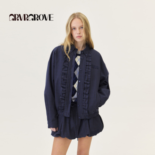 GROVE官方旗舰店2026PS春季新款格纹衬衫外套花边装饰 GP26JKC61