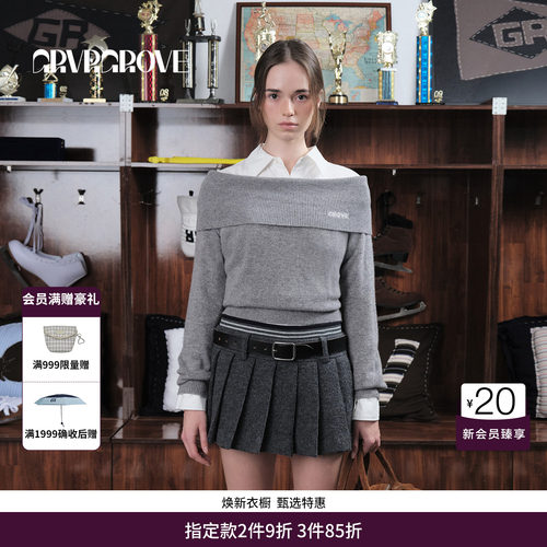 GRVR GROVE官方旗舰店 25WT冬季翻领毛织套头一字领上衣GCW5KN13