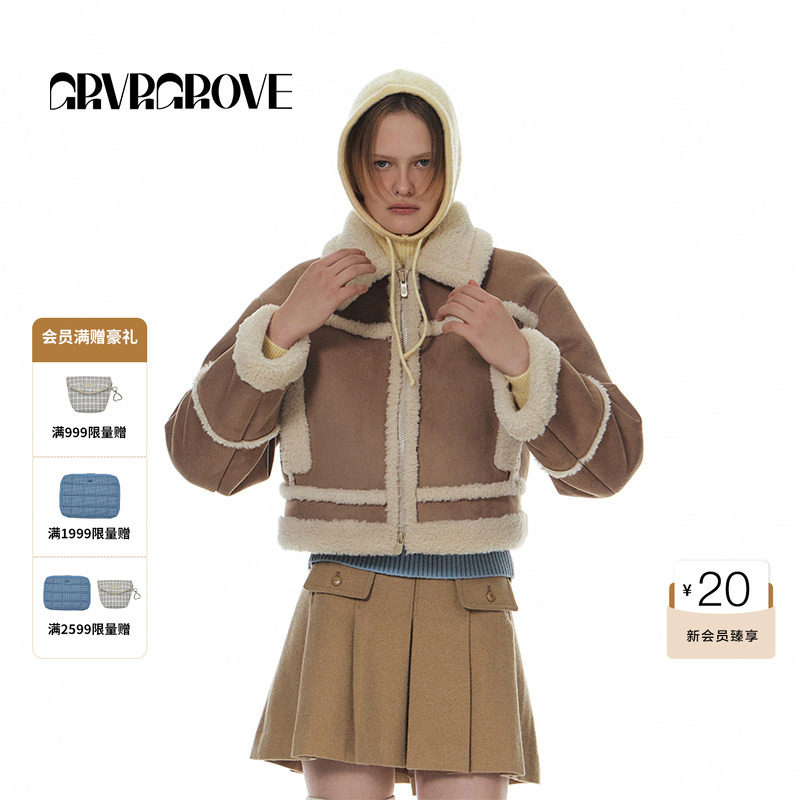 GROVE官方旗舰店冬季韩系纯色翻领仿羊羔毛短款夹克外套 GW4