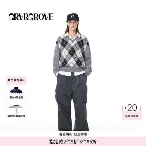 GROVE官方旗舰店秋季女长袖学院风菱格纹撞色套头羊毛衫 GF4KN07J