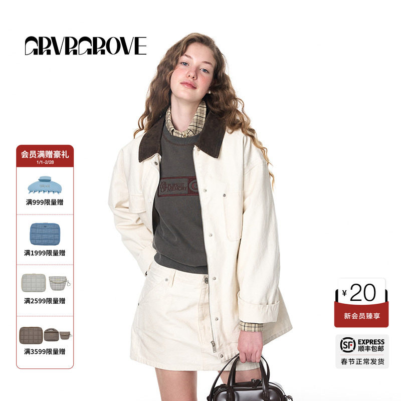 GROVE官方旗舰店女秋季水洗做旧牛仔工装夹克学院风外套GF4J