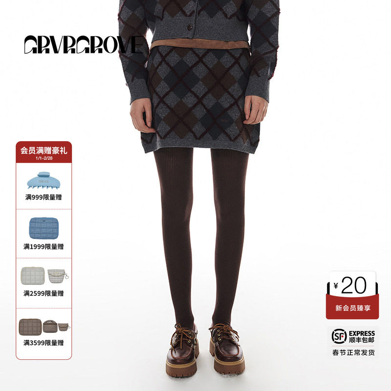 GROVE官方旗舰店冬季款菱格纹毛织短裙女韩版A字半身裙通勤