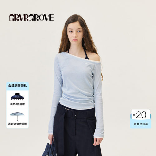 GROVE官方旗舰店2026PS春季新款假两件长袖T恤斜肩撞色GP26TSC30