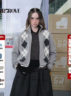 GROVE官方旗舰店 2025WT冬季新款长袖毛织开衫菱格纹外套GCW5KN05