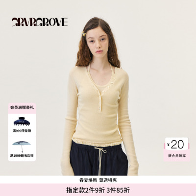 GROVE官方旗舰店2026PS春季新款长袖T恤V领打底衫 GP26KNE12