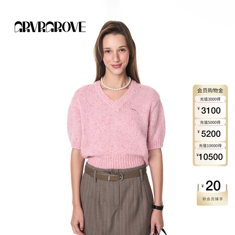 GROVE官方旗舰店女士秋季新款纯色圆领短袖毛织套头衫百搭