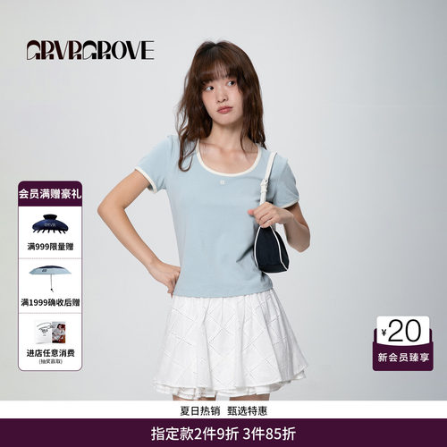 GRVR GROVE官方旗舰店撞色大圆领修身短袖t恤GCM5TS07