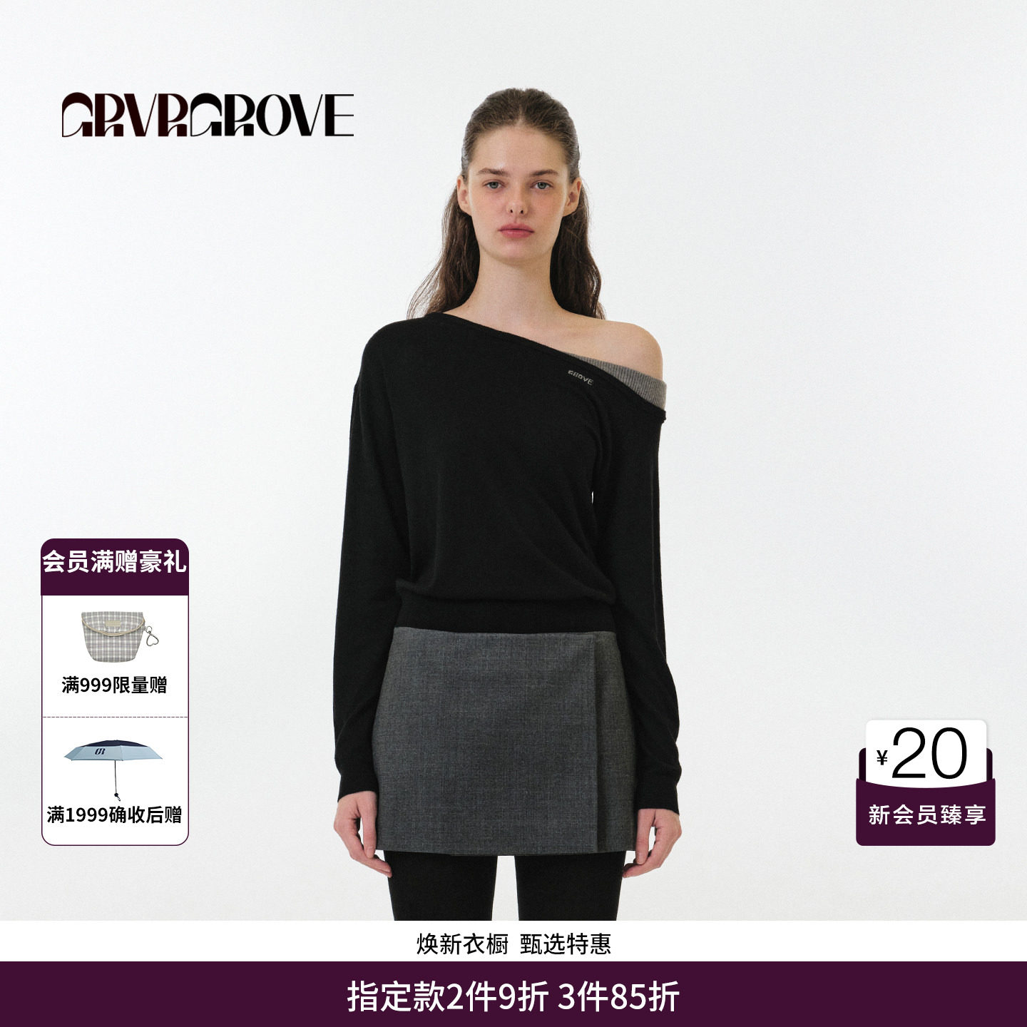 【博主同款】GRVR GROVE官方旗舰店长袖斜肩套头针织衫 GF5KN04C图片