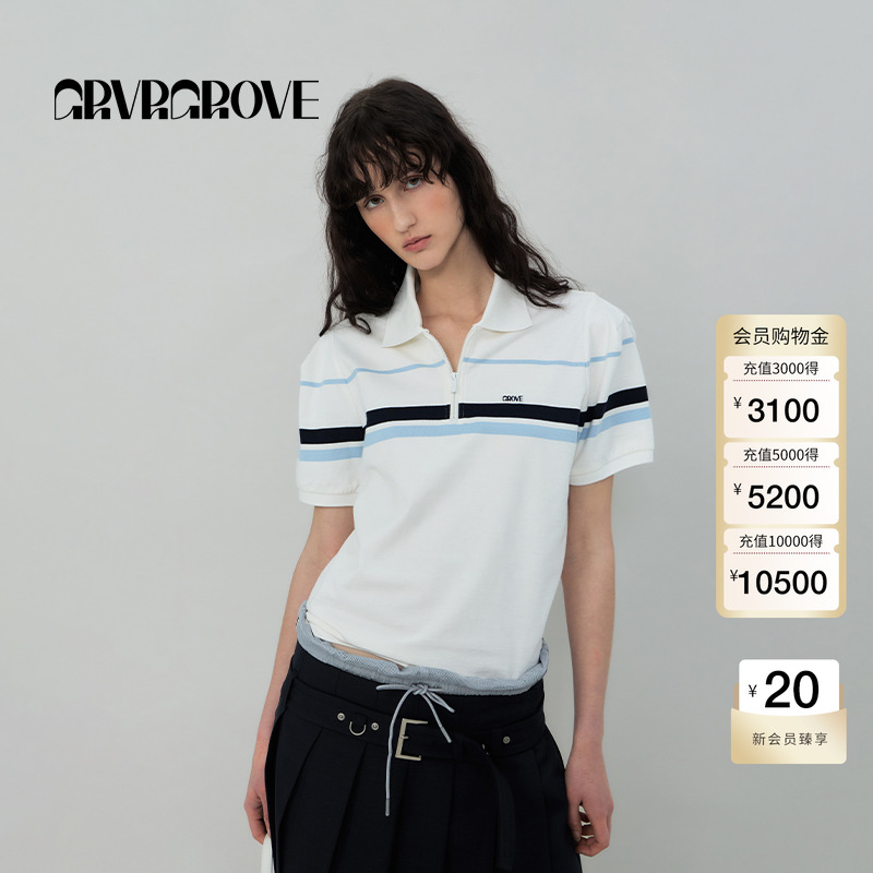 【博主同款】GROVE2025春夏新款女士条纹短袖POLO衫t恤GR5TS02C