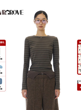GROVE官方旗舰店 2025WT冬季新款长袖圆领T恤条纹上装女 GCW5TS02
