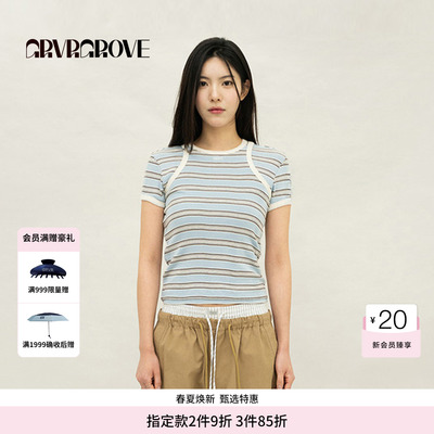 GROVE官方旗舰店2026PS春季新款短袖T恤条纹撞色上装女GP26TSK14