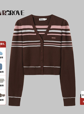 GROVE官方旗舰店 2025FW秋季款毛织长袖开衫条纹女款 GCF5KN01