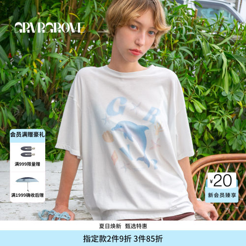 GROVE官方旗舰店HS夏日款女士印花短袖T恤夏日小海豚GM5TS13M