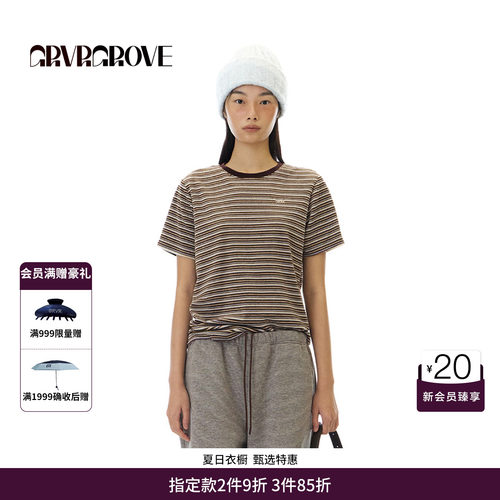 GRVR GROVE官方旗舰店 WT冬季款条纹短袖T恤圆领韩系女 GCW5TS01