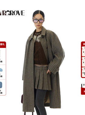 GROVE官方旗舰店 2025WT冬季新长款外套格纹女宽松大衣 GCW5CT01