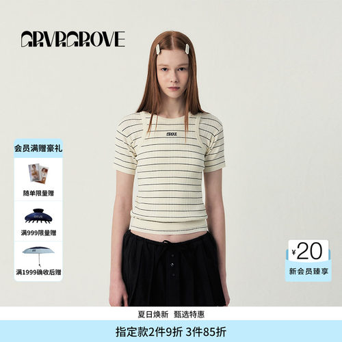 GROVE官方旗舰店25SS春夏款条纹针织短袖韩系修身女 GS5KN13J