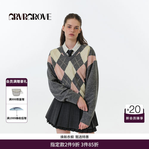 GRVR GROVE官方旗舰店FW秋季款菱形格长袖针织衫女款 GF5KN09J