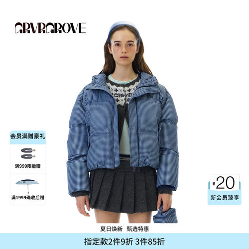 GROVE官方旗舰店 WT冬季款格纹短款羽绒服外套女 GCW5DJ01
