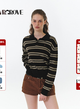 【博主同款】GROVE 2025FW秋季新款翻领条纹毛织长袖女款GF5KN07C